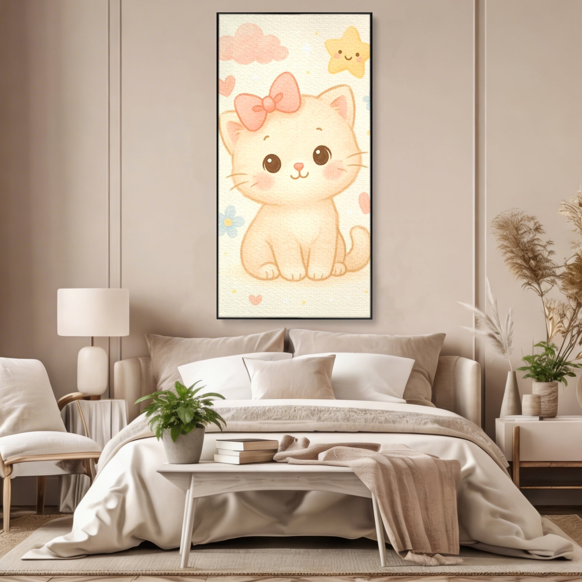 Tablou canvas cu ilustratie cu pisicuta roz si steluta, in rama de aluminiu negru, pe perete intr-un dormitor